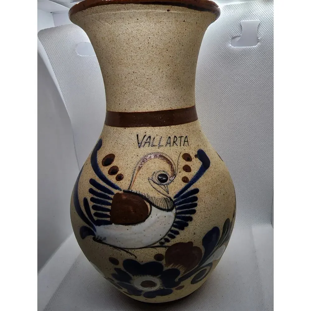 Vintage Vallarta Mexico Hand Painted Folk Art Pottery Vase Bird Floral Signed 9